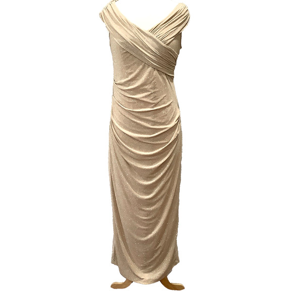 Candalite Dresses & Skirts - Candalite Formal Maxi Dress Womens sz M Shimmery Gold Draped Ruched Stretch NWT